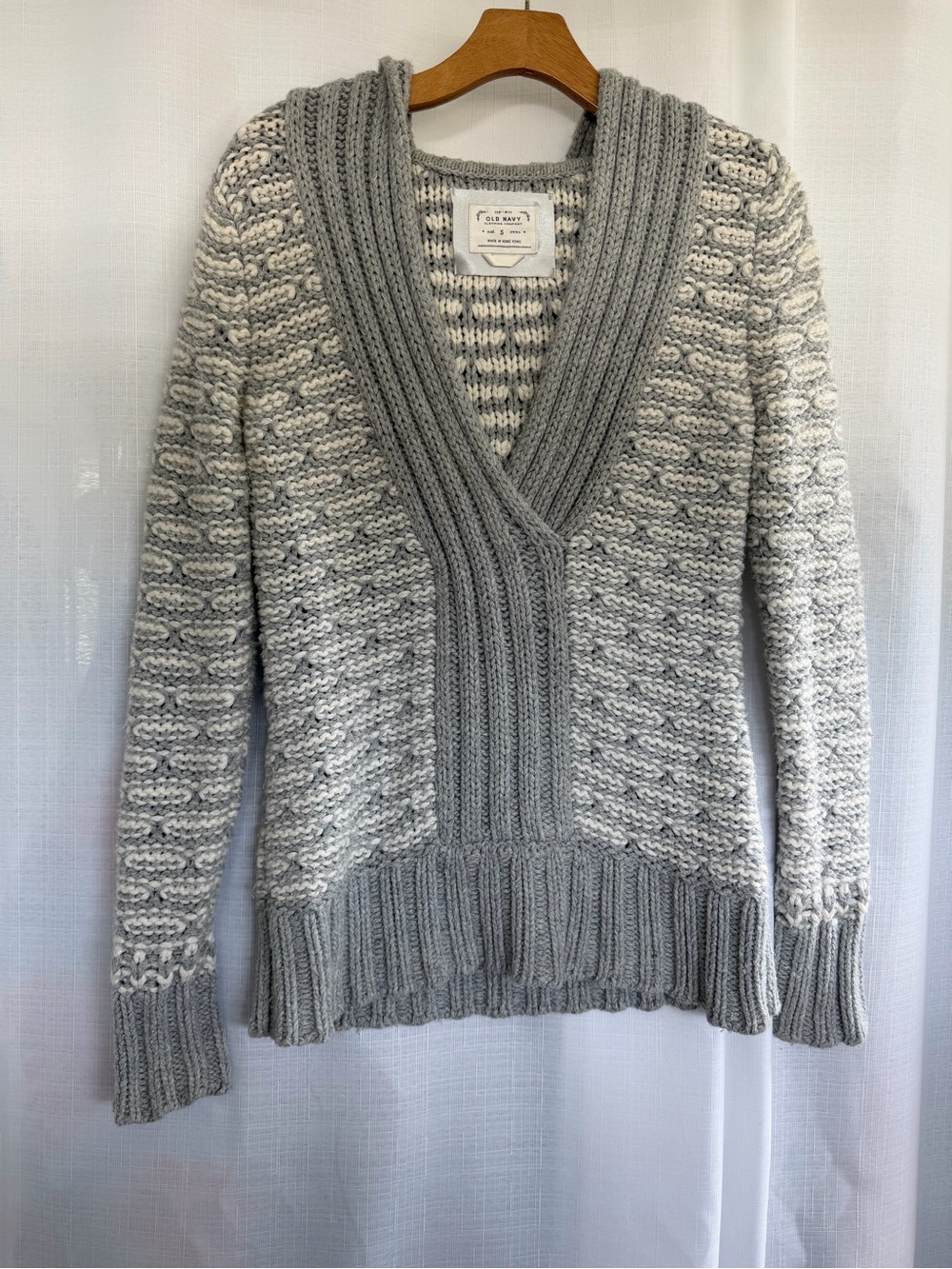 Vintage Old Navy Chunky Knit Shawl Collar Sweater Gray Cream Size S